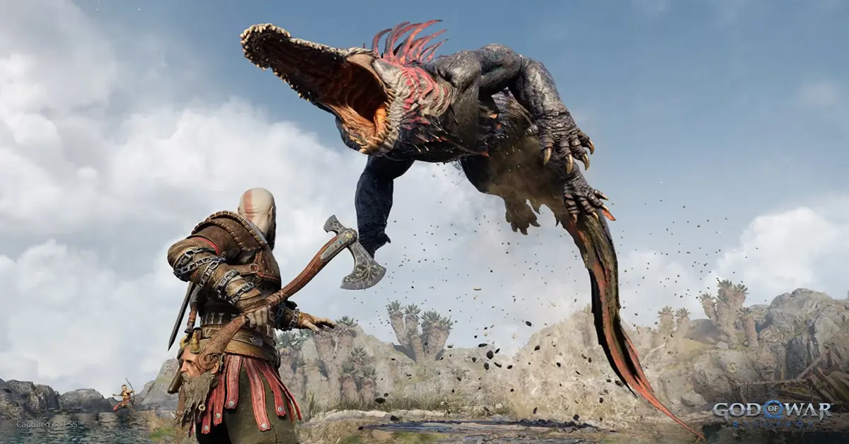 Kratos swinging the Leviathan Axe in high resolution ultrawide PC combat