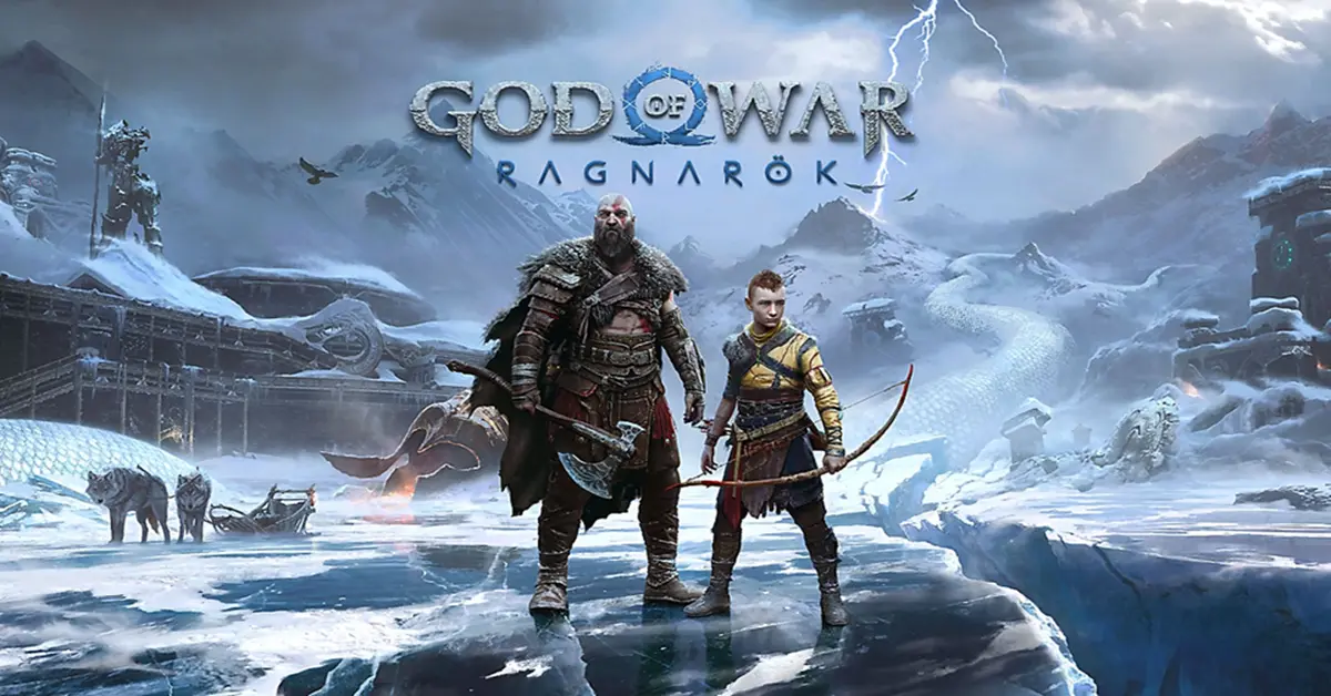 Kratos and Atreus standing in the freezing snow of Fimbulwinter in God of War Ragnarök