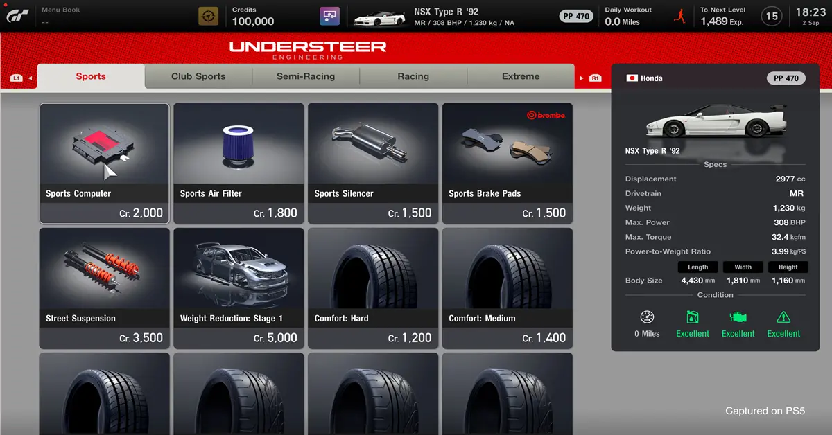 Gran Turismo 7 garage tuning screen detailing car performance points
