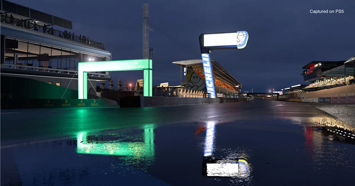 Gran Turismo 7 gameplay on PS5 showcasing dynamic weather and vehicle physics