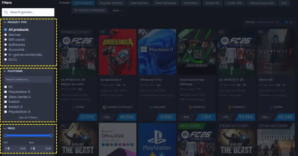 Allkeyshop Catalog Filters - Sidebar