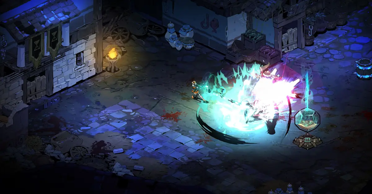 Melinoe casting a powerful area-of-effect spell against armored enemies in Hades 2.