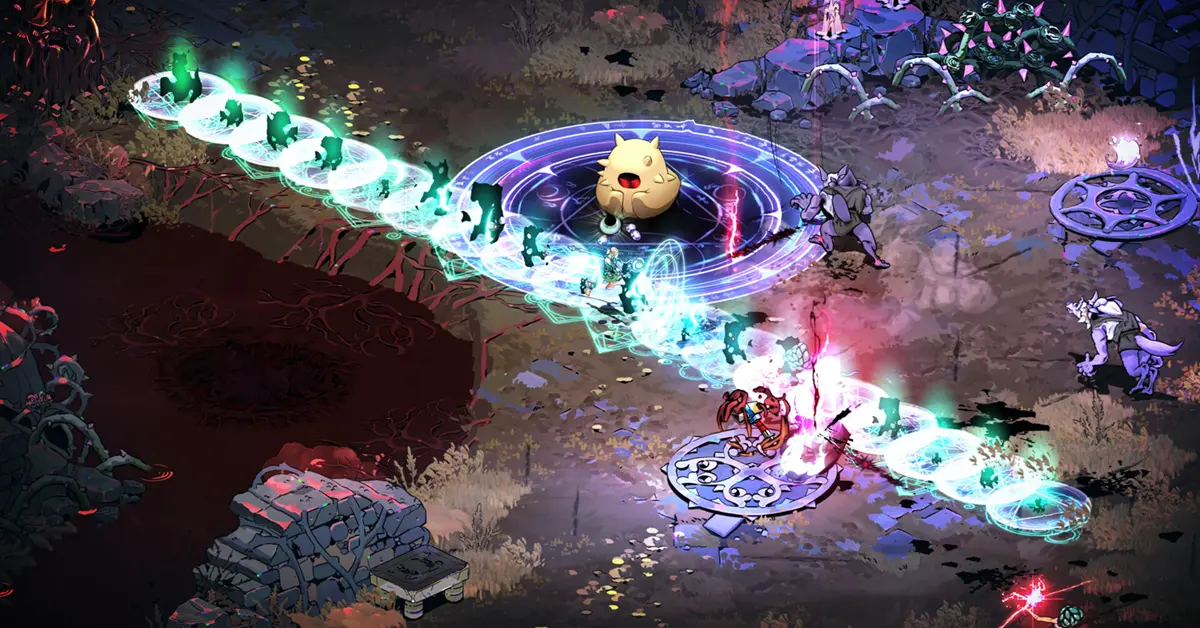 Melinoe fighting enemies in a vibrant, isometric underworld dungeon in Hades II.