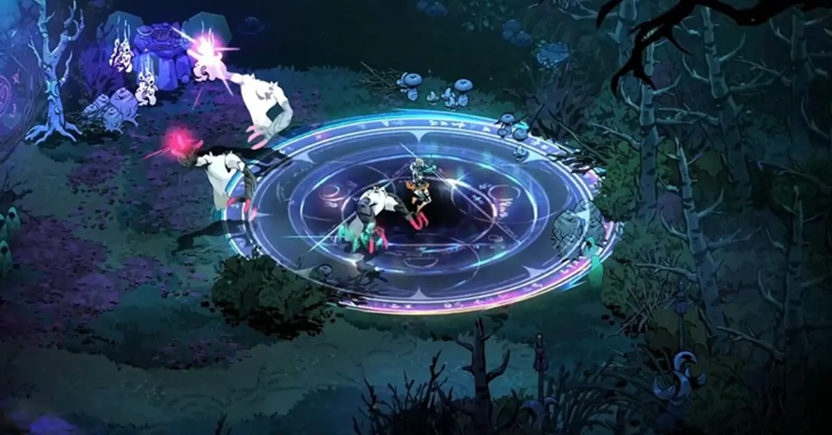 Melinoë standing with a mystical staff in a dark Hades II environment.