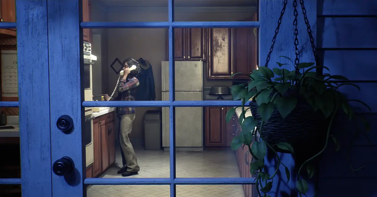 Gameplay screenshot of survivors coordinating inside a house while Michael Myers watches from the window.