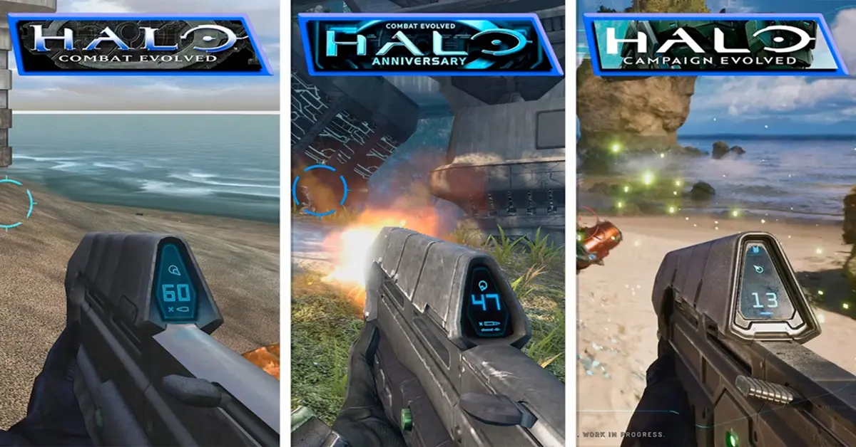 Split screen showing the lighting upgrades in the Halo Campaign Evolved prequel missions