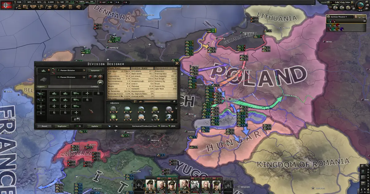 A detailed view of the Hearts of Iron IV grand strategy map showing European borders and troop deployments