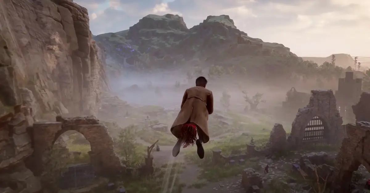 A player character flying on a broomstick over the sprawling Forbidden Forest