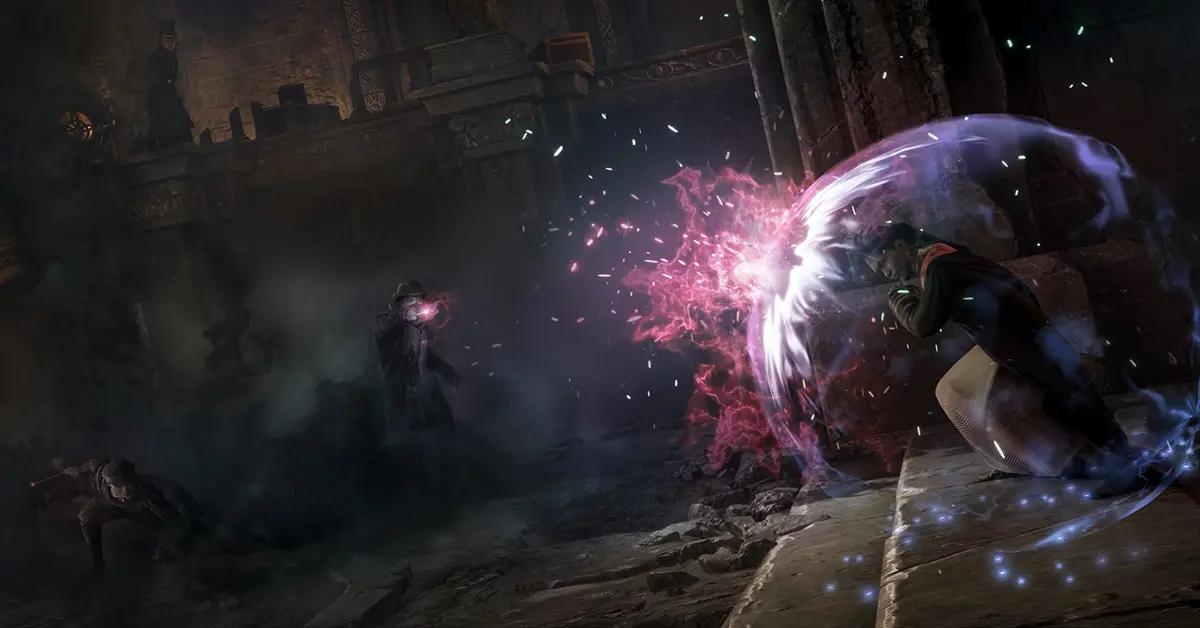 A student dueling a Dark Wizard in a stone arena.
