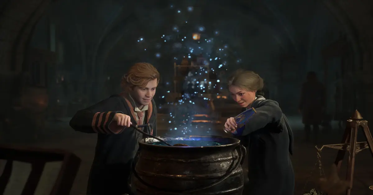 A character crafting potions inside the Room of Requirement