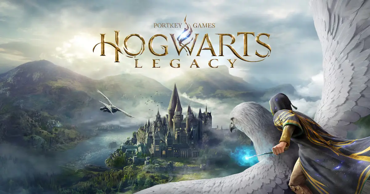 Hogwarts Legacy gameplay showing the wizarding school exterior at dusk.