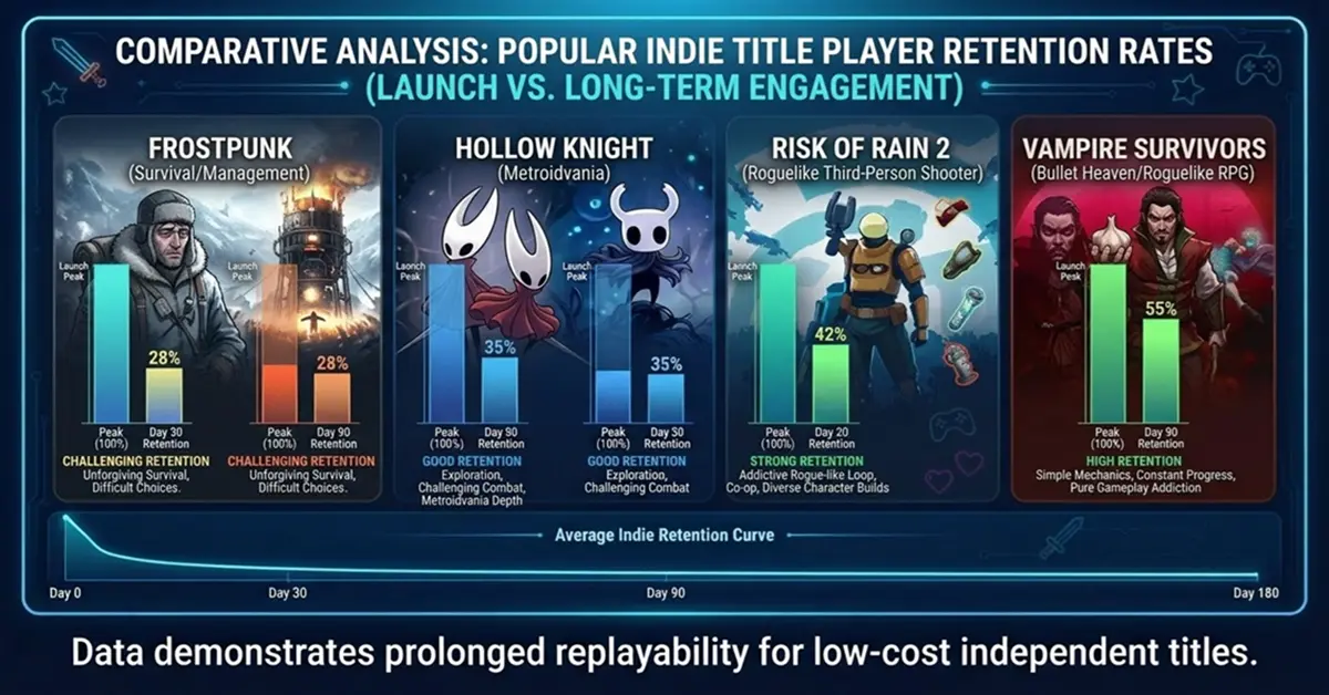 Infographic comparing player retention rates across popular indie titles