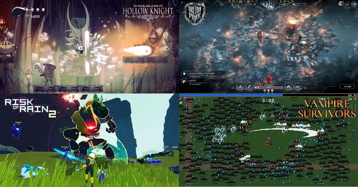 Four split panels showcasing distinct gameplay art from Frostpunk, Hollow Knight, Risk of Rain 2, and Vampire Survivors