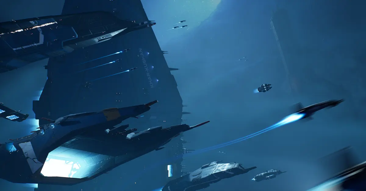 A fleet of Hiigaran ships maneuvering around a massive space station.