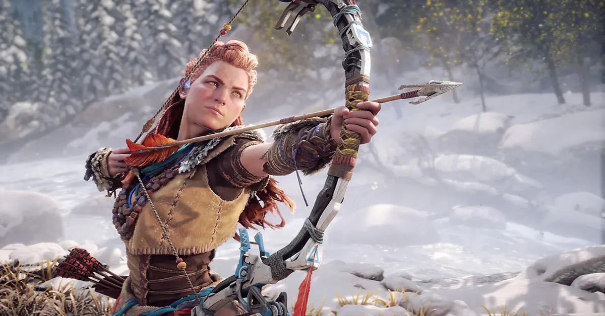 High-resolution gameplay screenshot of Horizon Forbidden West running on ultra PC settings showing Aloy aiming her bow