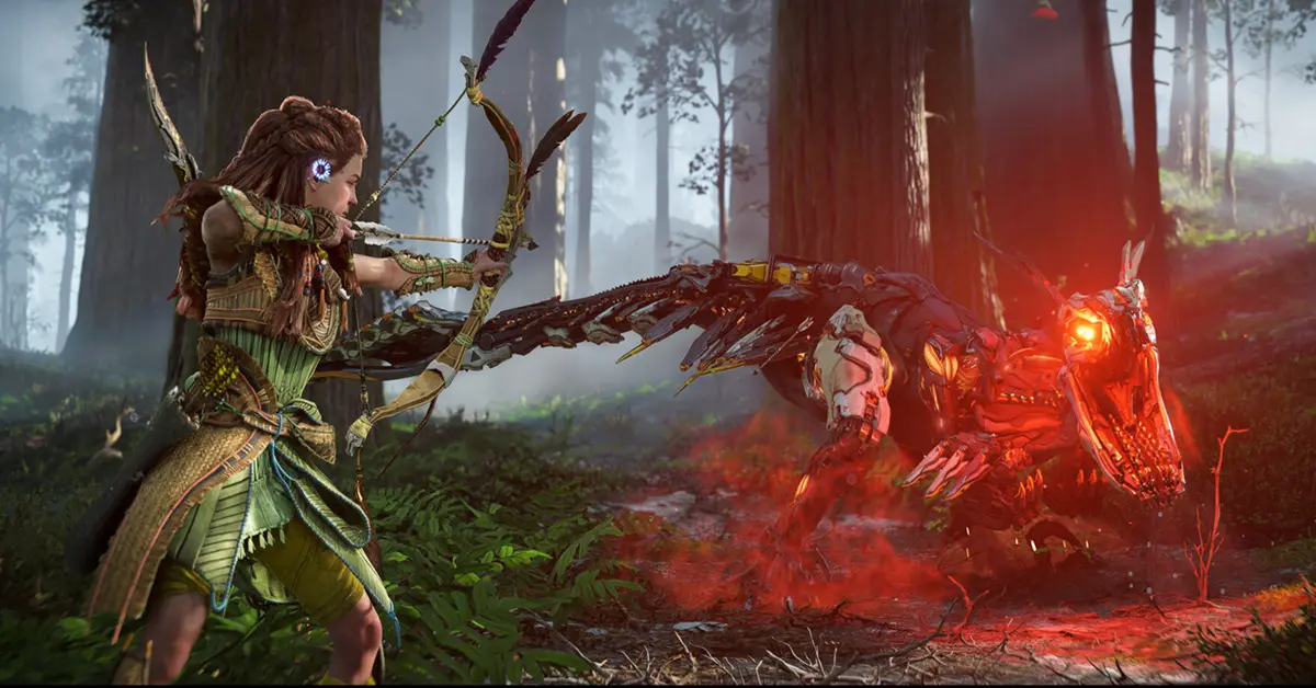 Aloy drawing her bow against a large mechanical creature in a vibrant jungle setting in Horizon Forbidden West.