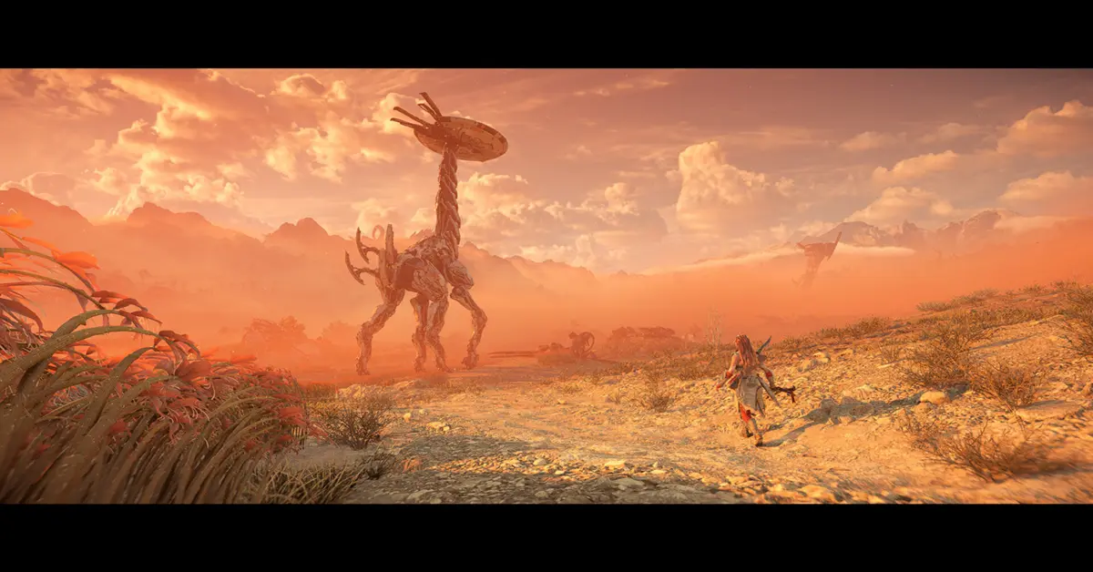 Gameplay screenshot of Aloy exploring a ruined mechanical landscape in Horizon Forbidden West on PC.