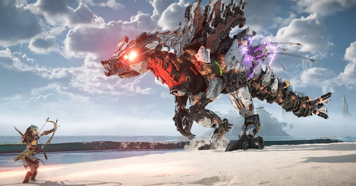 Aloy engaging a mechanical machine in combat in Horizon Forbidden West PC