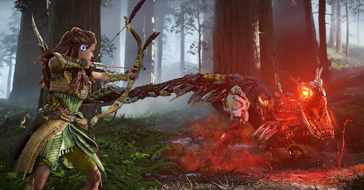 Aloy firing her bow at a massive robotic Tremortusk in Horizon Forbidden West