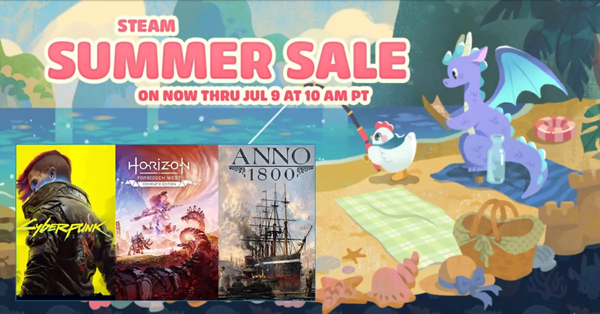 Steam Summer Sale bundle discount visual featuring Cyberpunk 2077, Horizon Forbidden West, and Anno 1800