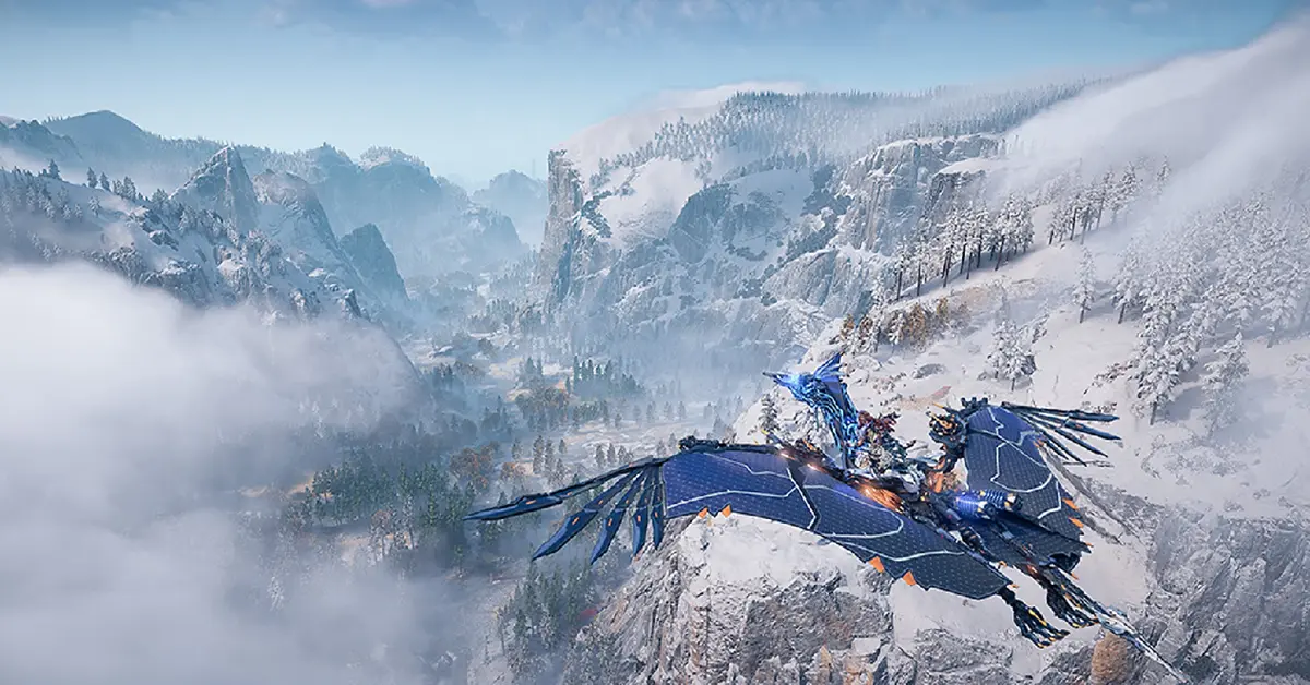 Aloy overlooking a vast mechanical landscape in Horizon Forbidden West PC