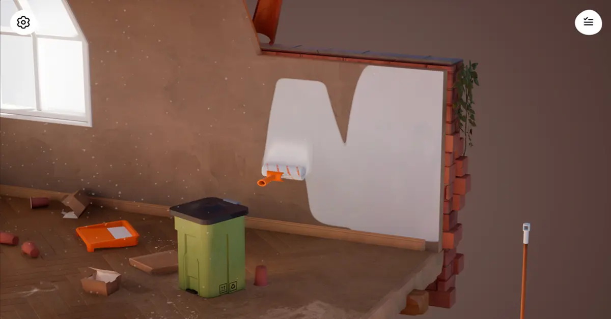 First-person view of painting a wall in Hozy, surrounded by moving boxes and sunlight.