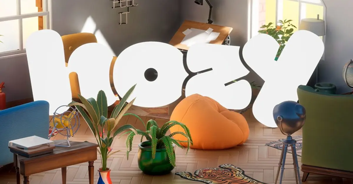 Hozy game logo over a beautifully decorated, sunlit virtual living room.