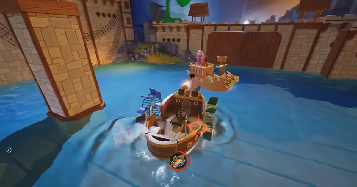 Cody y May luchan contra jefes gigantes en un barco pirata de madera en Two Guys