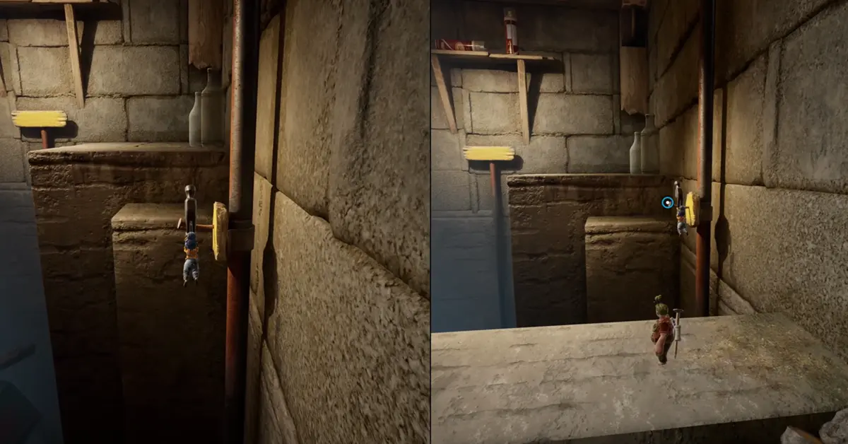 Cody and May utilizing the hammer and nail mechanics to traverse a wooden gap.