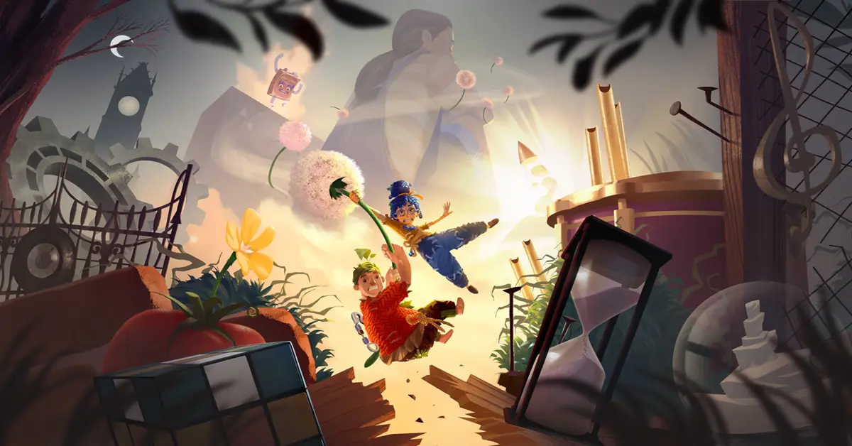 Cody and May from It Takes Two exploring a vibrant, oversized garden environment