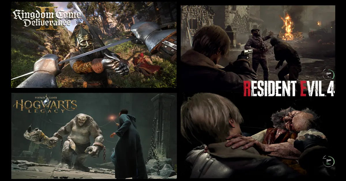 A collage of scenes from Kingdom Come Deliverance 2, Resident Evil 4 Remake, and Hogwarts Legacy showing gameplay mechanics