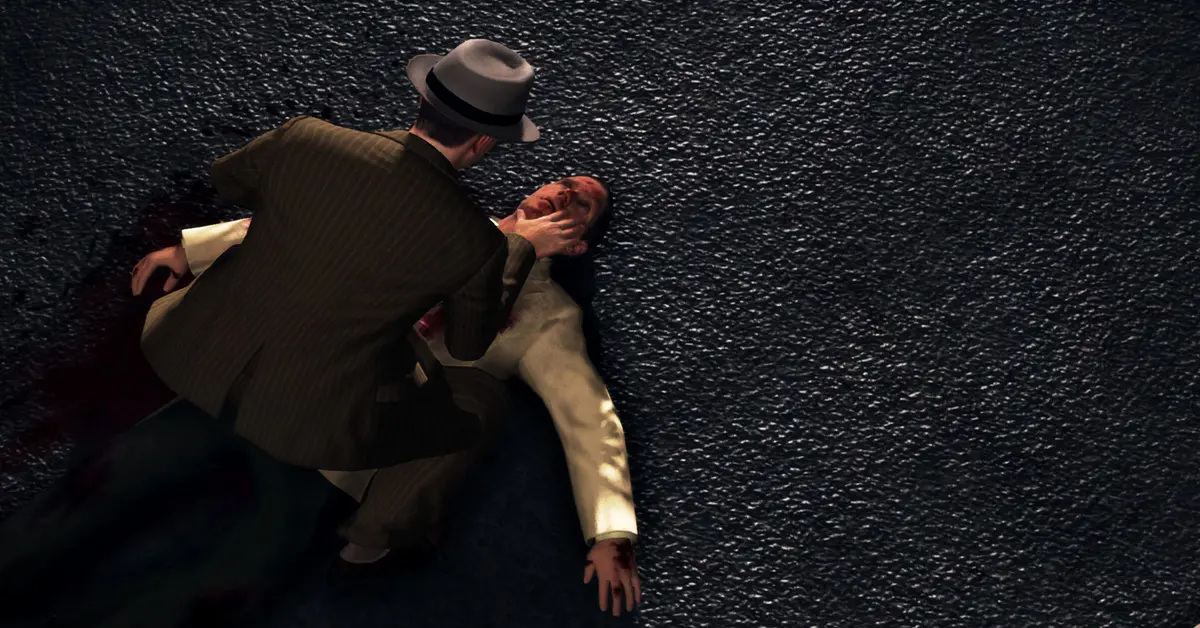Cole Phelps examining a piece of evidence at a crime scene in L.A. Noire