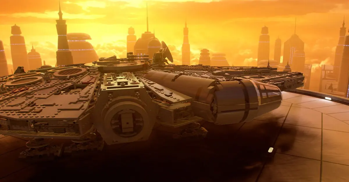 The Millennium Falcon flying toward a bustling planetary hub in LEGO Star Wars