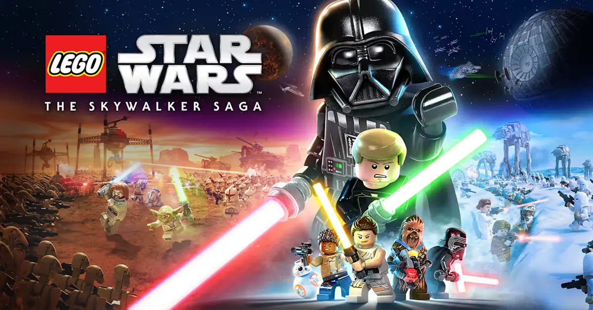 LEGO Luke Skywalker igniting his blue lightsaber against a desert backdrop