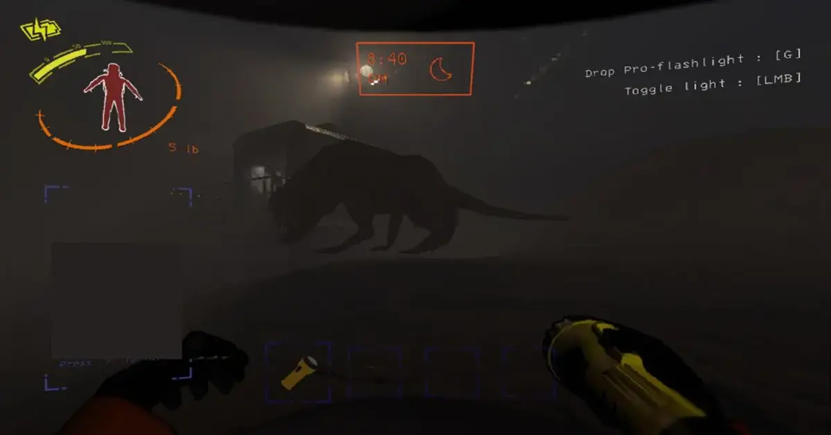 First-person view of a player hiding from a massive eyeless dog monster inside the ship in Lethal Company
