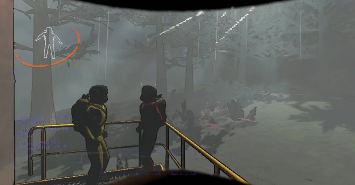 Four players in hazmat suits sprinting away from a Bracken down a pitch-black industrial corridor