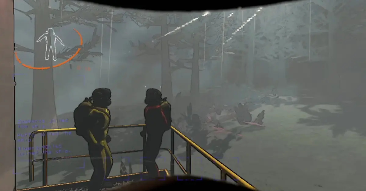 A frantic co-op moment in Lethal Company where a player is chased by a monster while teammates observe from a distance.