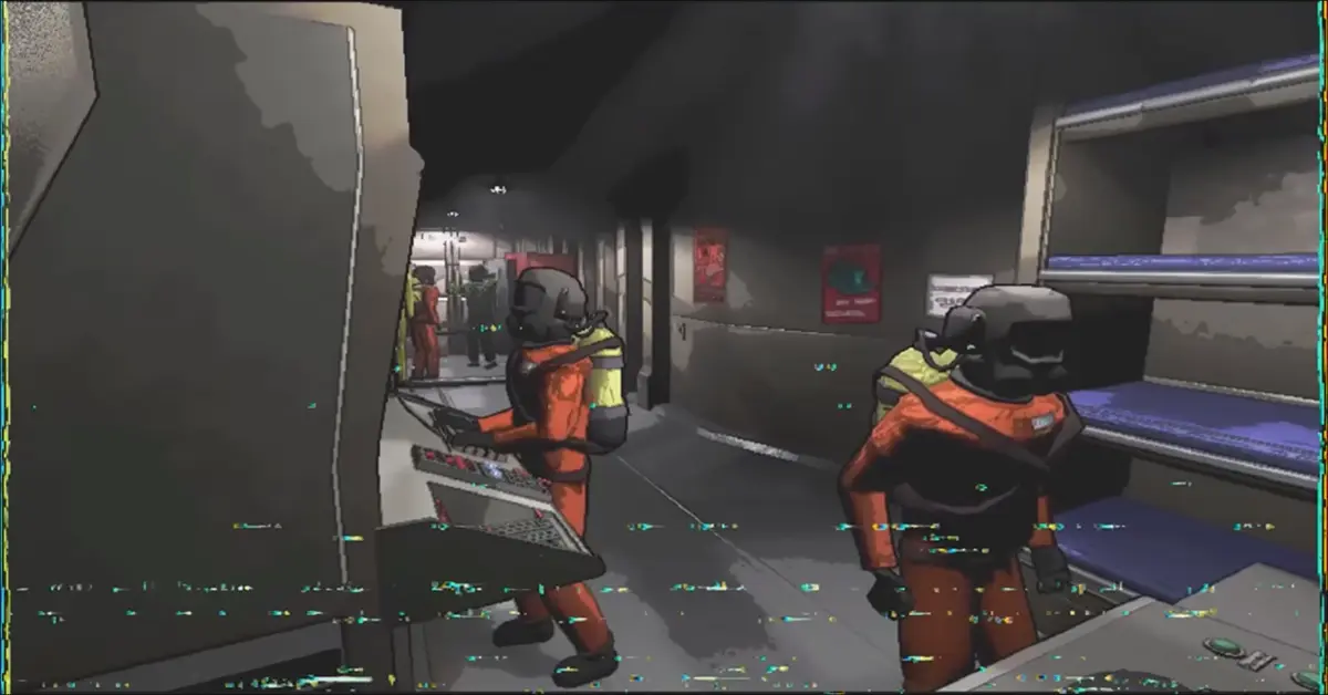 Four scavengers in orange suits facing a monster in Lethal Company