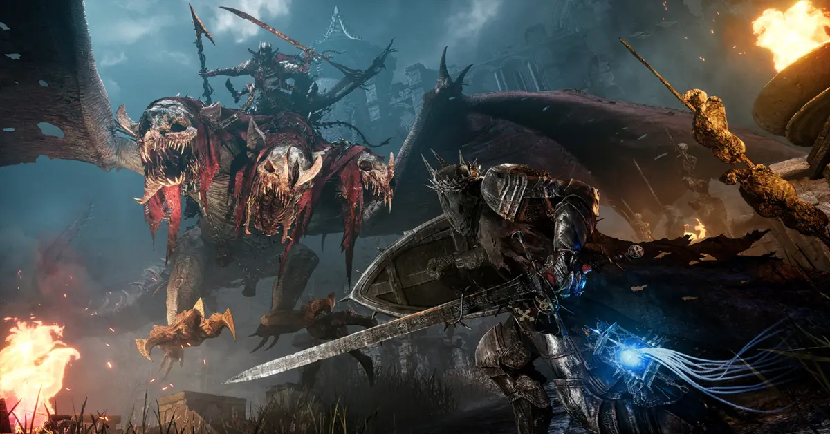 Lords of the Fallen protagonist holding a lamp in a dark fantasy environment.
