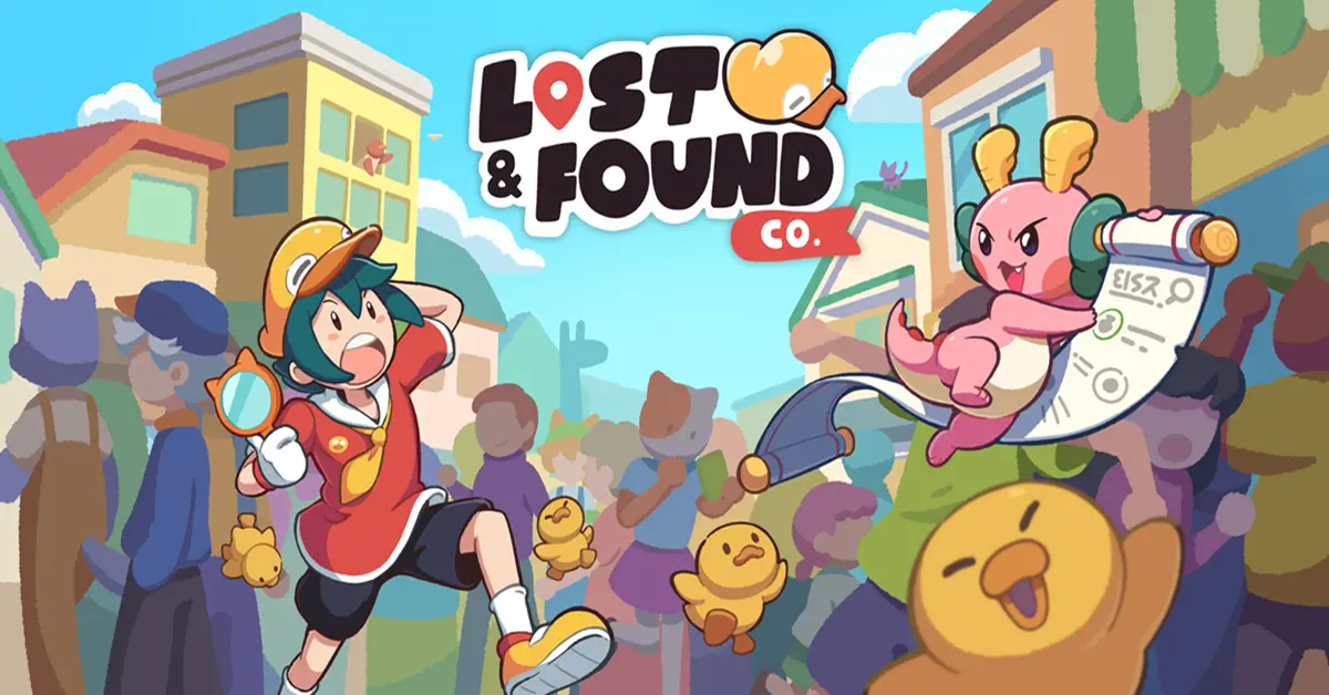 Ducky exploring a colorful, hand-drawn town in Lost and Found Co.