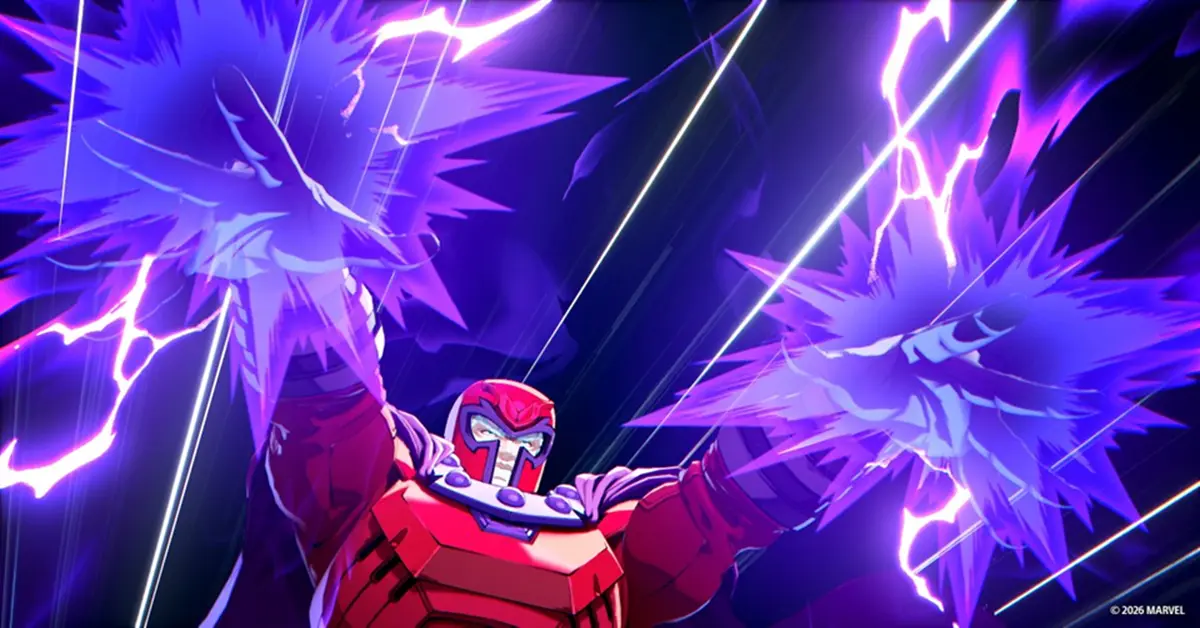 Magneto suspended in mid-air preparing a powerful magnetic strike against an opponent.
