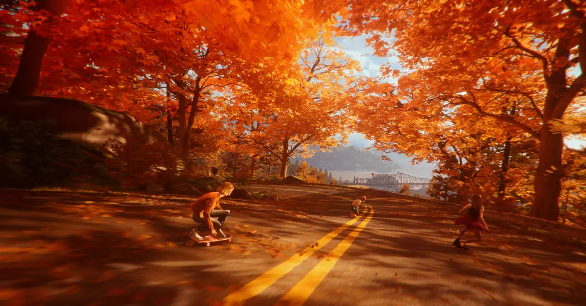 Three teenage characters riding skateboards down a suburban street at sunset.