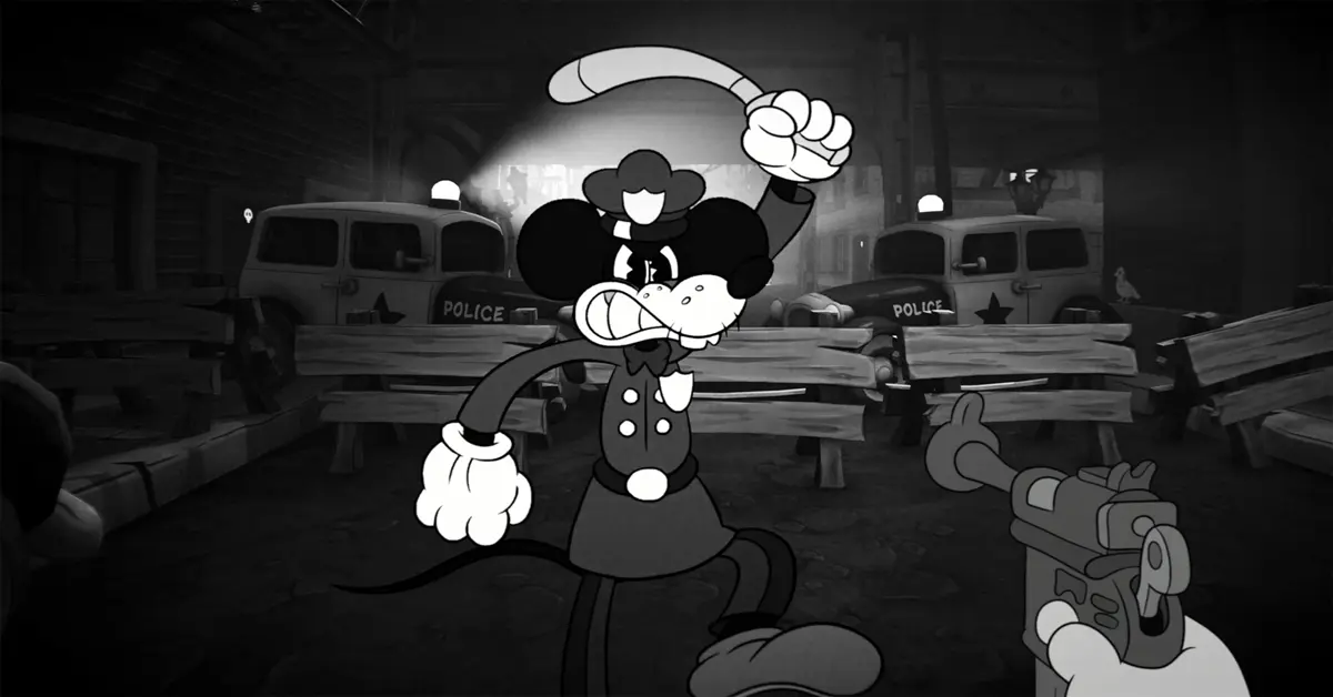 First-person perspective in MOUSE: P.I. For Hire aiming a tommy gun at animated gangster rats.