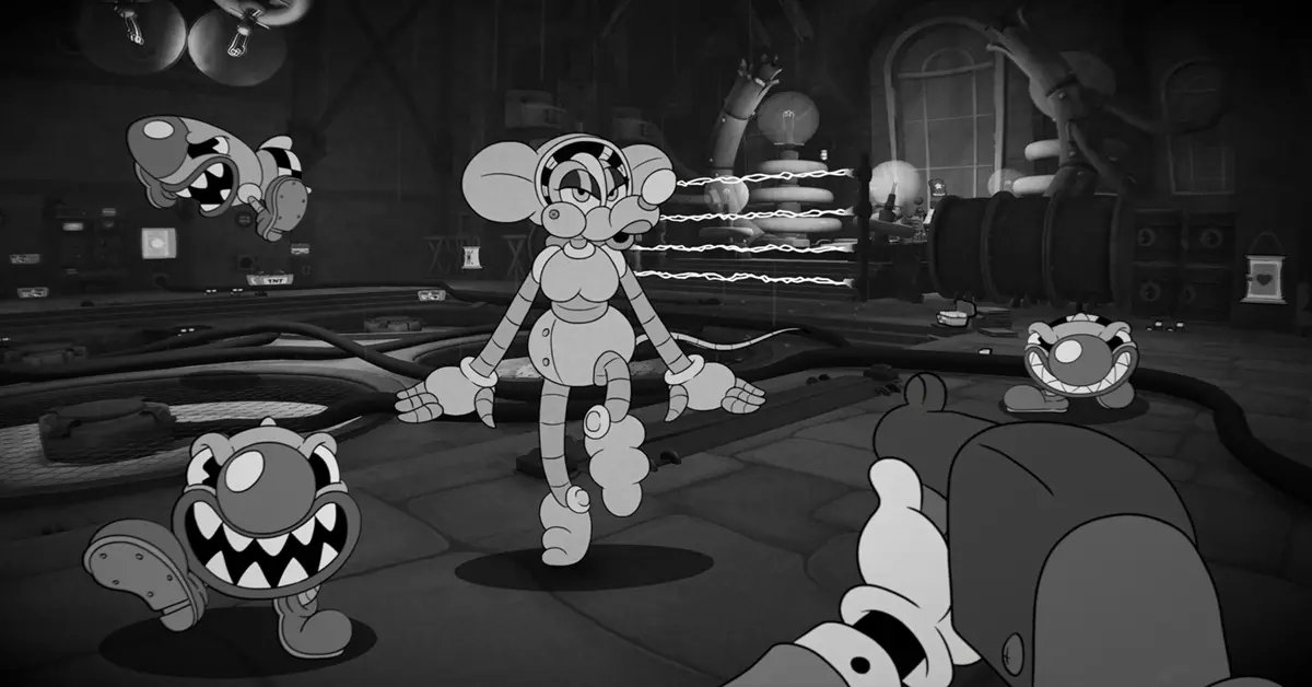 Action-packed gameplay from MOUSE: P.I. For Hire showing black-and-white 1930s rubber-hose animation combat.