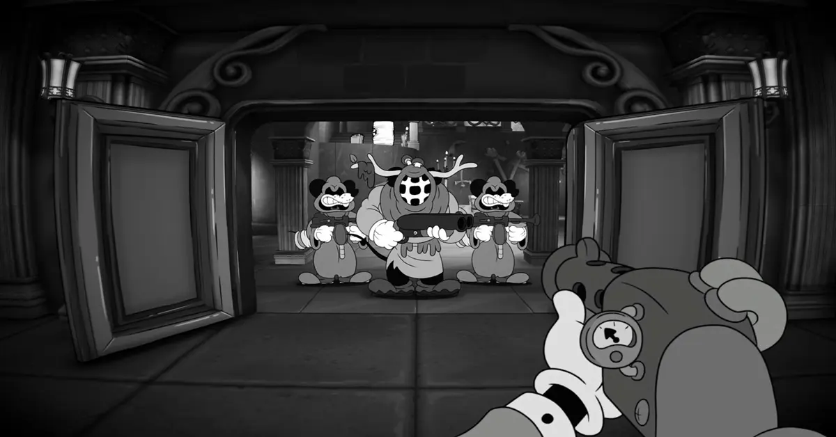 A cinematic gameplay shot of MOUSE: P.I. For Hire showing the 1930s rubber-hose animation style.