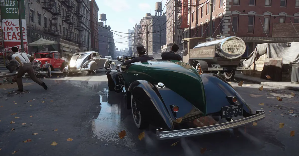 Gameplay screenshot showing the driving mechanics in Mafia Definitive Edition