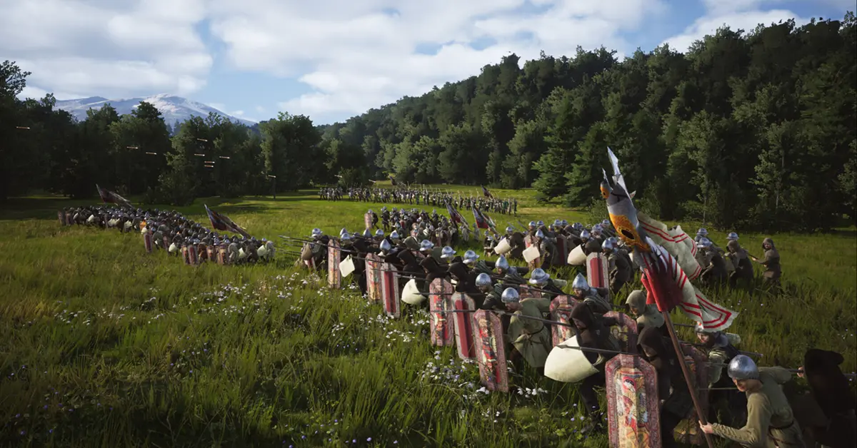A formation of medieval spearmen engaging in tactical combat within Manor Lords on PC.