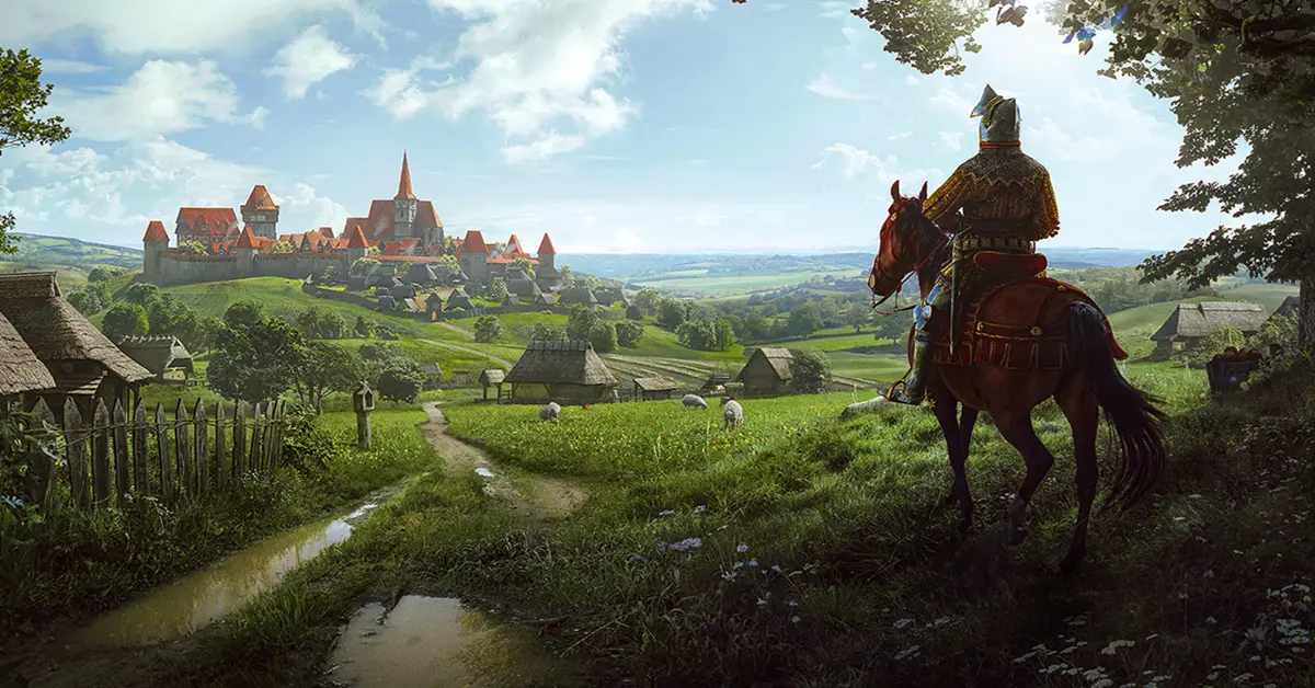 A bustling medieval village in Manor Lords with peasants working the fields and a castle in the distance