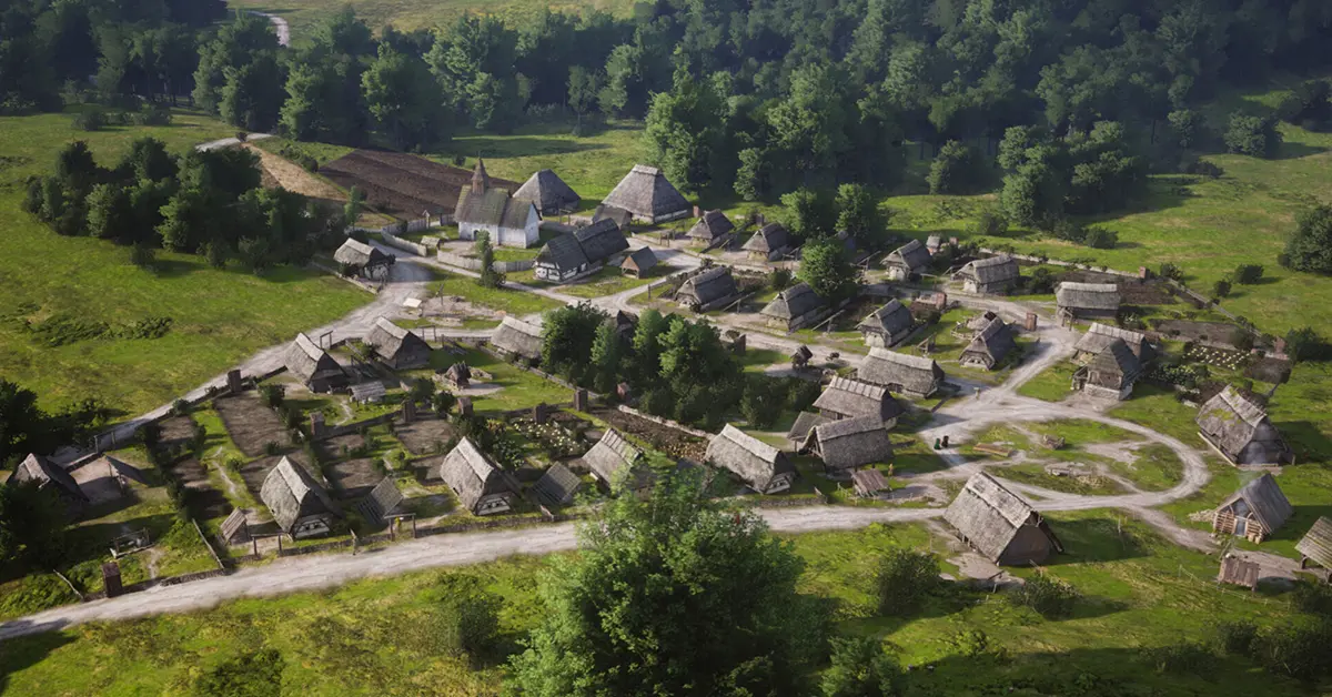 Cinematic wide shot of a medieval village in Manor Lords showing market stalls and timber-framed houses.