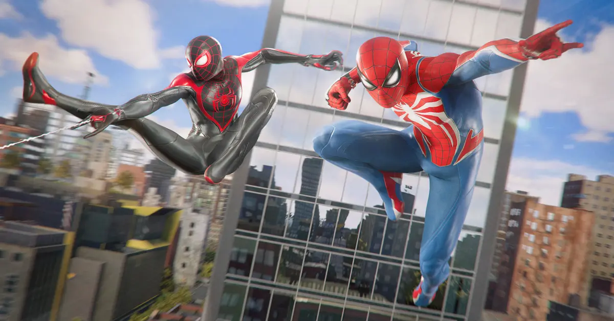 Peter Parker and Miles Morales swinging through the skies of a ray-traced New York City.